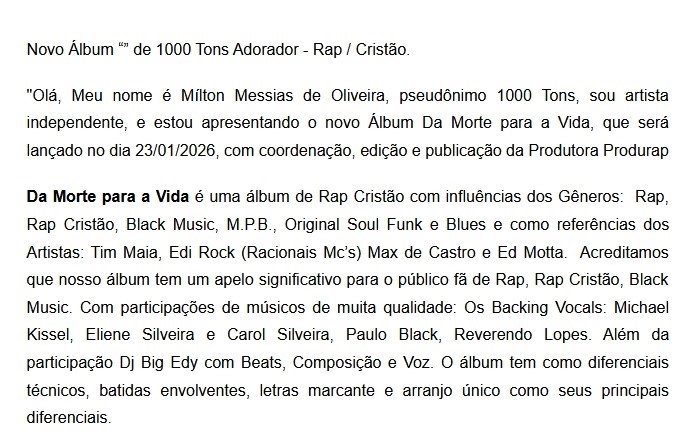 Release Álbum Da Morte para a Vida